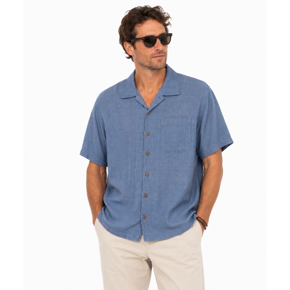Tommy Bahama Mens XL 100% Silk Camp Shirt Blue Textured Button Up Resort